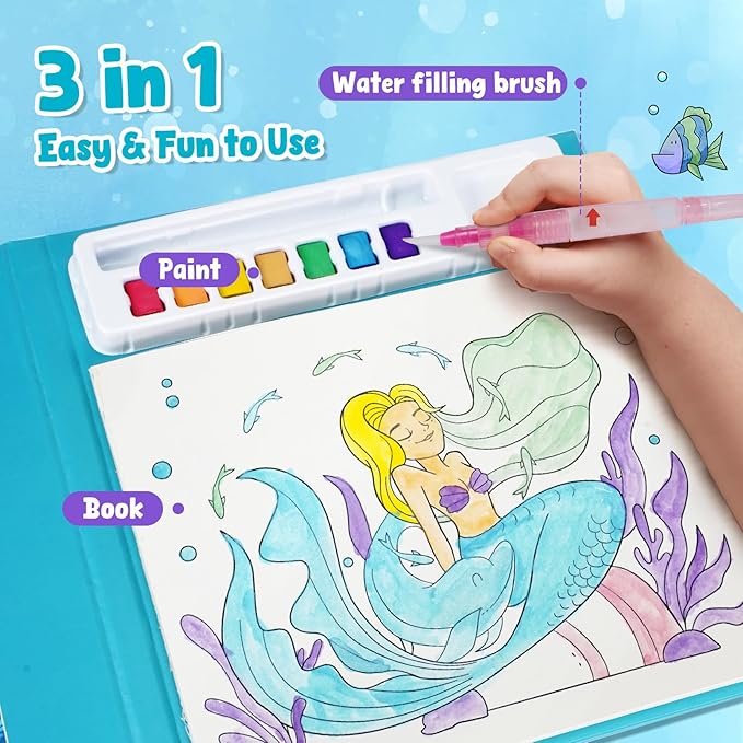 JoyCat Paint with Water Coloring Books for Toddlers, Watercolor Painting Sets for Kids Ages 3-5 4-8, Arts and Crafts Drawing Activities Toy Birthday Gift for Boys Girls (Ocean Princess)