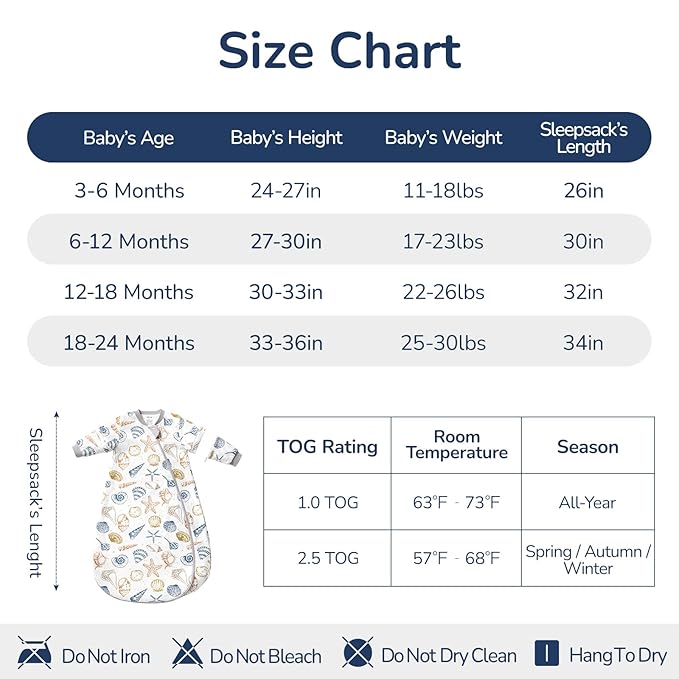 Baby Sleep Sack 18–24 Months, Cotton Sleep Sack with Detachable Long Sleeves, 1.0 TOG Wearable Blanket for Cooler Nights, 2-Way Zipper Toddler Sleeping Sack with Temperature Strip, Ocean