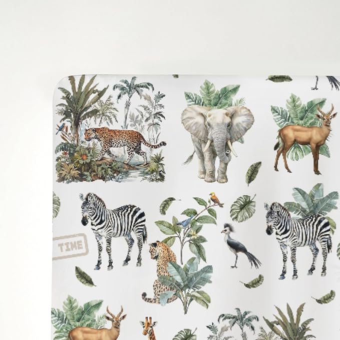 Safari Animal Adventure Baby Crib Sheets for Boy Girl 52x28 Elephant Leopard Giraffe Zebra Tropical Leaves Soft Snug Fitted Crib Mattress Cover African Baby Sheet for Standard Crib & Toddler Mattress
