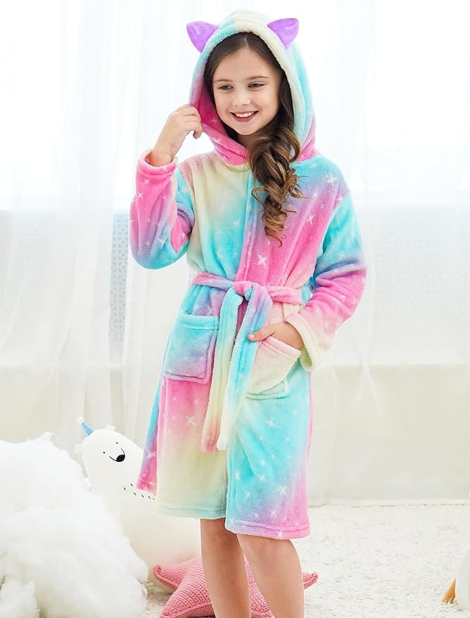 Doctor Unicorn Girls Leopard Cat Robe Kids Fleece Warm Hooded Bathrobe