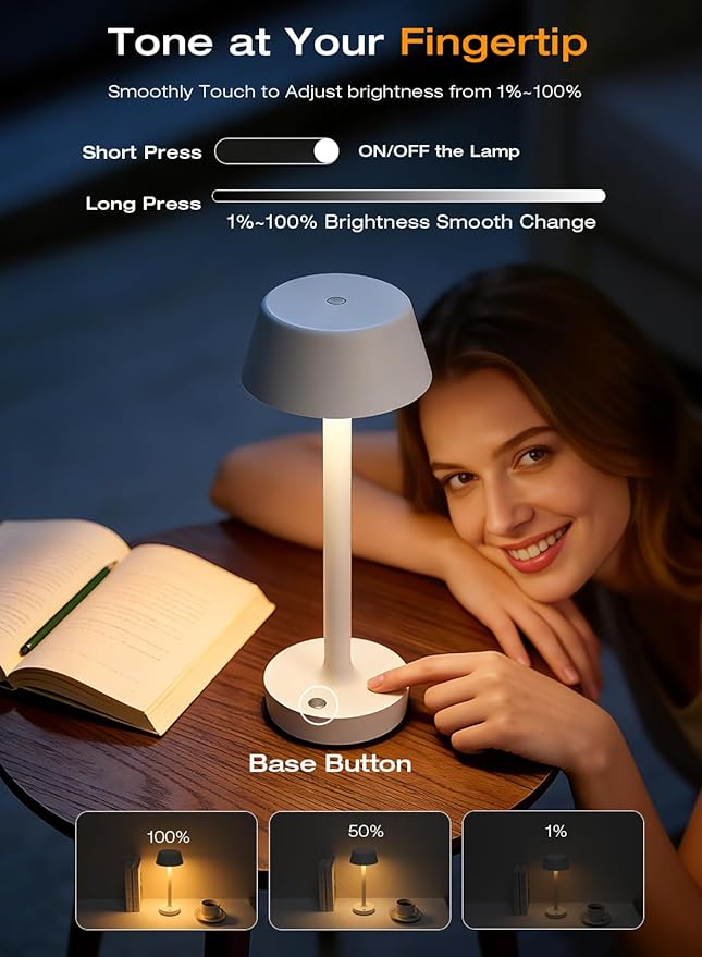 Light Worthy Cordless Rechargeable Table Lamp with Power Charger,Portable Touch LED Desk Lamp,5000mAh Battery Operated,2700K-5700K Tunable Dimmable for Bedroom,Outdoor Camping Bedside,White