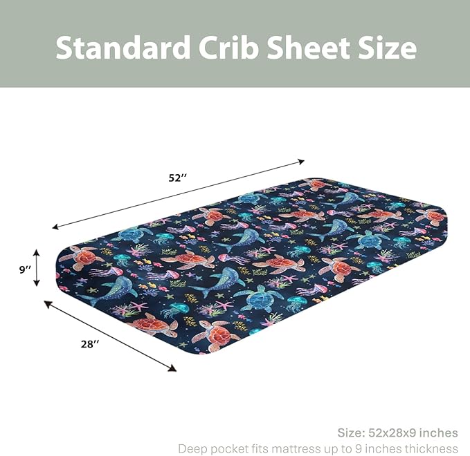 Fantasy Sea Animals Baby Crib Sheets for Boy Girl 28"x52" Turtle Whale Jellyfish Corals Soft Stretchy Fitted Crib Mattress Covers Nautical Marine Baby Sheet for Standard Crib & Toddler Mattress Navy