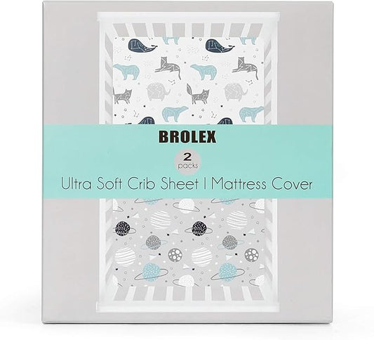 BROLEX Baby Fitted Crib Sheets: Kid Crib Sheets - Set of 2 for Toddler Standard Size Crib Mattress for Boys and Girls - Jersey Knit Crib Bed Sheets Space Planet