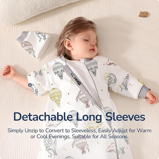 Baby Sleep Sack 12–18 Months, Cotton Sleep Sack with Detachable Long Sleeves, 1.0 TOG Wearable Blanket for Cooler Nights, 2-Way Zipper Toddler Sleeping Sack with Temperature Strip, Hot Air Balloon