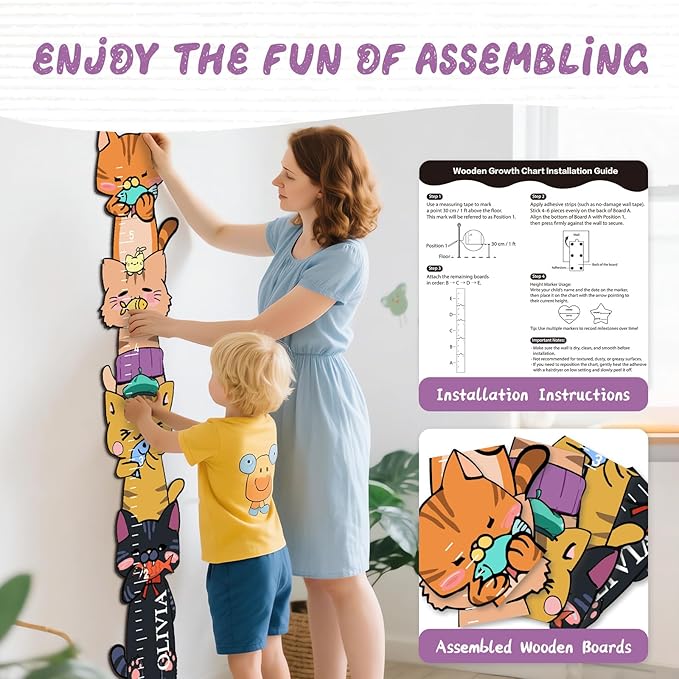 Woodemon Personalized Name Growth Chart for Wall, Kitten Eating Fish Wooden Height Chart, Thick Height Measuring Board for Boys and Girls, Measurement Ruler for Kids, Easy to Install