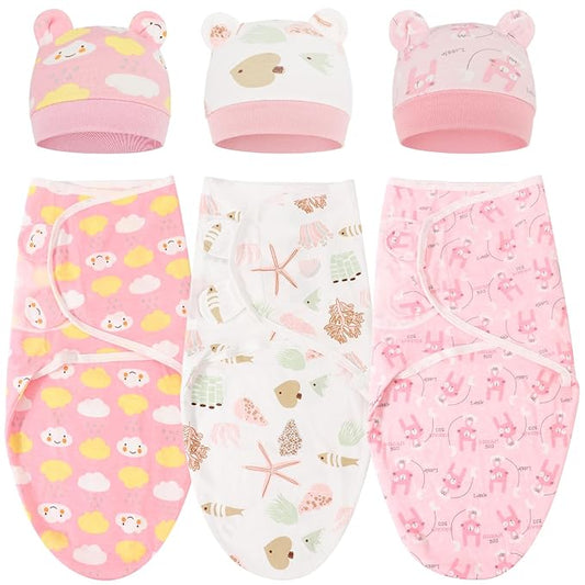 DRESHOW BQUBO 3 Pack Baby Swaddle Sleep Sacks Baby Swaddling Blanket Wrap Newborn Swaddle Sack with Bear Ears Hat for Boys Girls 6-12 Lbs Newborns & 0-3 Months Girls Boys