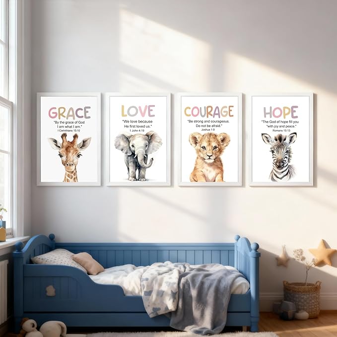 Cute Giraffe Elephant Tiger Zebra Quote Framed Wall Art Set of 4, 11x16 Educational Grace Love Courage Hope Saying Sign for Baby Girl Kid Boy Toddlers, Boho Wooden Inspirational Nursery Wall Decor