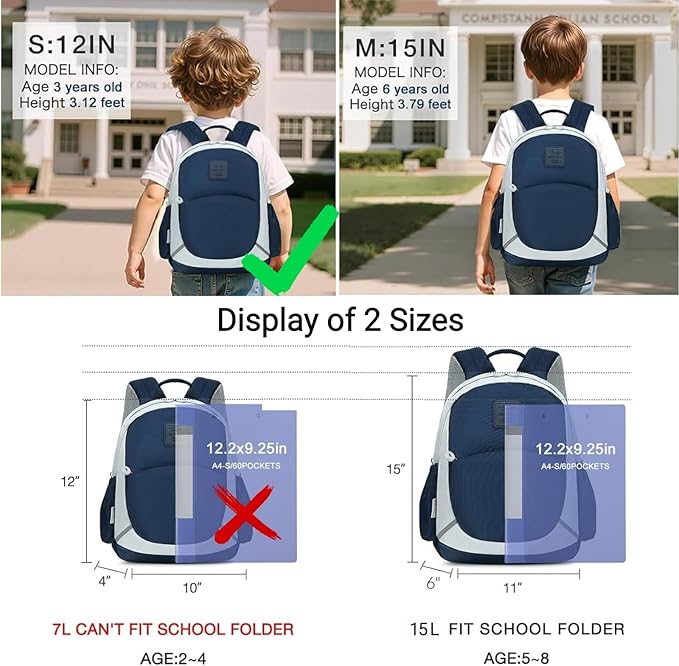CAMTOP Toddler Backpack for Boys Girls 2-4, Kids Backpacks for Kindergarten Preschool, 12" H Small Bookbag for Daycare Travel (Navy, 12''- Not fit A4 folder)