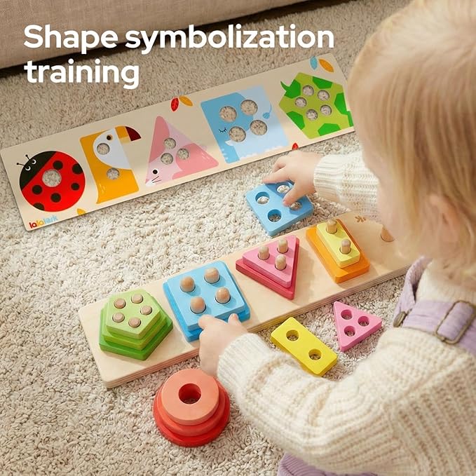 lalalark Montessori Toys for 1 2 3 Year Old Boy Girl, Wooden Sorting & Stacking Toys, Shape Sorter Baby Toy, Educational Sensory Toys for Kids, Wooden Blocks for Toddler 1-3, Christmas Birthday Gifts