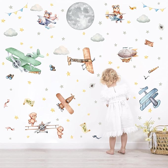 Vintage Airplane Wall Decals Cartoon Aircraft Balloon Animal Wall Stickers Moon Star Cloud Fabric Wall Stickers Cute Helicopter Watercolor Plane Wall Decals for Boys Room Kids Bedroom Nursery Decor