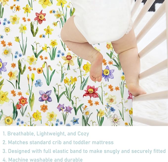 Watercolor Flowers Baby Crib Sheet 52''x28'' Colorful Floral Leaves Stretchy Fitted Crib Mattress Cover for Boy Girl Wild Plants Soft Nursery Baby Sheets for Standard Crib and Toddler Mattresses
