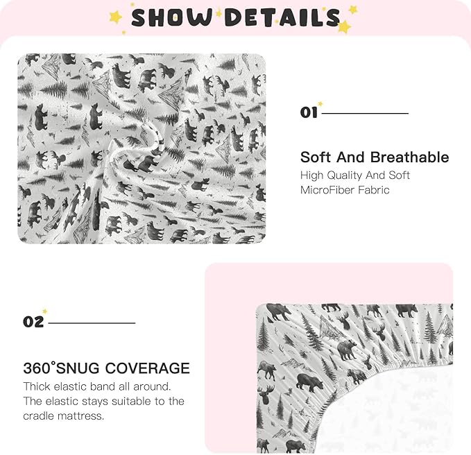 Fitted Crib Sheets for Baby Boys or Girls Soft Breathable Baby Play Yard Sheet for Standard Size Crib Mattress 52x28in Seamless Pattern Scandinavian Woodland Wild Animals