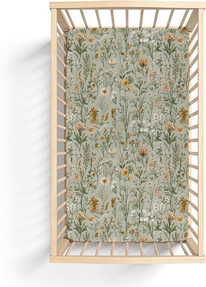 Vintage Wild Flowers Baby Crib Sheets for Boy Girl 52"x28" Retro Plant Soft Stretchy Fitted Crib Mattress Cover Spring Summer Baby Sheet for Standard Crib & Toddler Mattress Pad