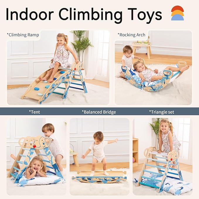 wingyz 8-in-1 Pikler Triangle Set-Foldable Baby Climbing Toys with Cushion,Arch, Ramp & Ladder | Montessori Toddler Climber Indoor Jungle Gym for Kids (Blue)