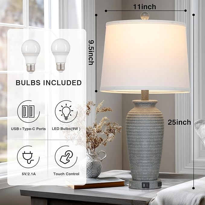 CINSARY 25" Grey Farmhouse Jar Table Lamps, 3 Way Touch Control Rustic Bedside Lamps with USB A+C Ports & AC Outlet, Pot Nightstand Lamps for Bedroom End Table (LED Bulbs Included)