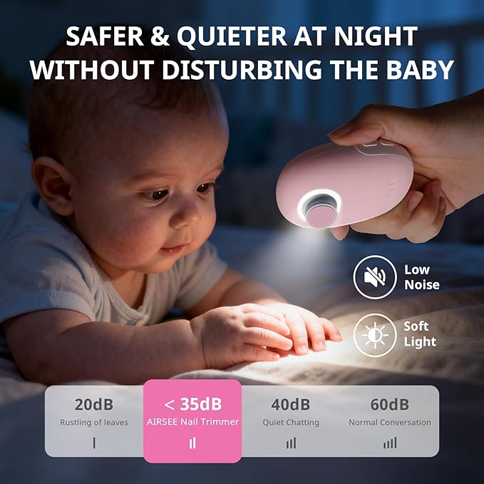 AIRSEE Premium Newborn Gift Electric Baby Nail File, Cordless Safe Nail Trimmer for Infant, 6 Replacement Heads with Magnetic Storage Case, 360° Light, Baby Clipper, Christmas, Candy Pink