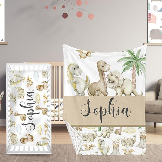 Personalized Crib Bedding Set with Name - 2 Piece Dinosaur Theme Baby Crib Set for Boys, Double Layer Blanket and Crib Sheet for Newborns, Toddlers Gifts