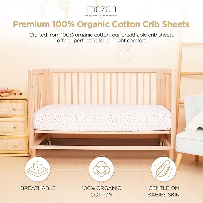 MOZAH Organic Muslin Crib Sheets, Soft and Breathable Bedding for Baby Girls or Boys, Snug Fitted Sheet for Standard Cribs & Toddler Mattresses, 2 Pack, Pink and Pink Leaves