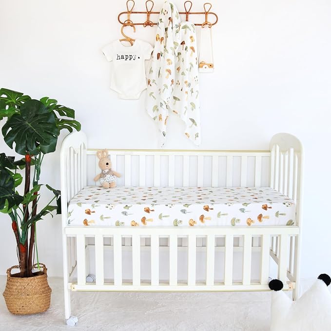 LifeTree Crib Sheets for Baby Unisex - Muslin Fitted Crib Sheets Toddler Bed Sheet, 70% Viscose from Bamboo and 30% Cotton, Fits Mini Crib & Pack and Play Playard, Mushroom, 26in x 38in