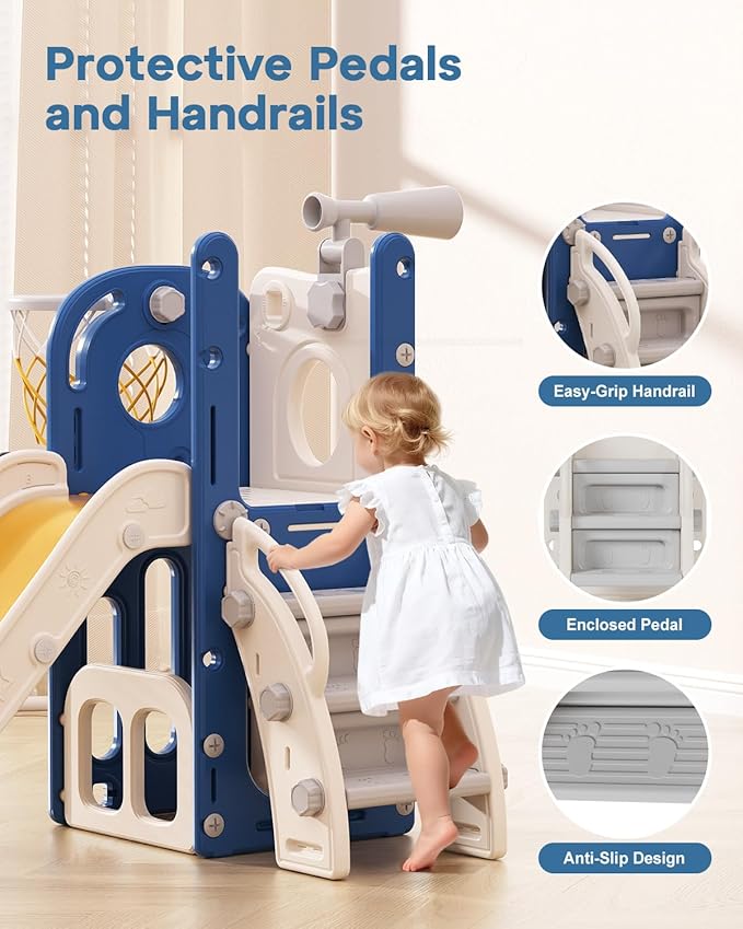 Babytronic Toddler Slide, 6 in 1 Kids Indoor Slide for Toddlers 1-3, Baby Indoor and Outdoor Climber Playset, Kids Slide with Basketball Hoop and Telescope, Toddler Outdoor Playground (Blue&Yellow)