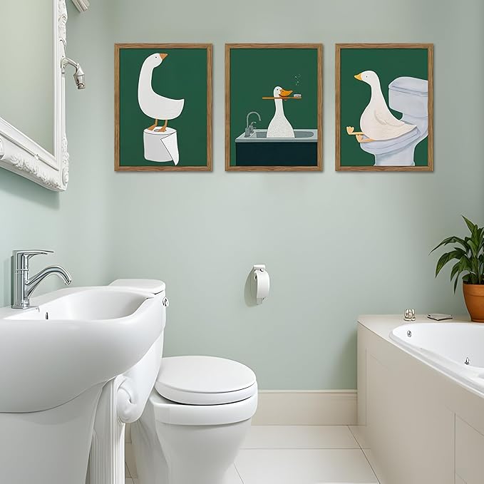 Framed Silly Goose Wall Art Bathroom Art Wall Decor Set of 3, Funny Gooses Poster Print, Dark Green Nursery Decor, Cute Animal Pictures Canvas for Kids Bathroom Washroom – 16x24 inch