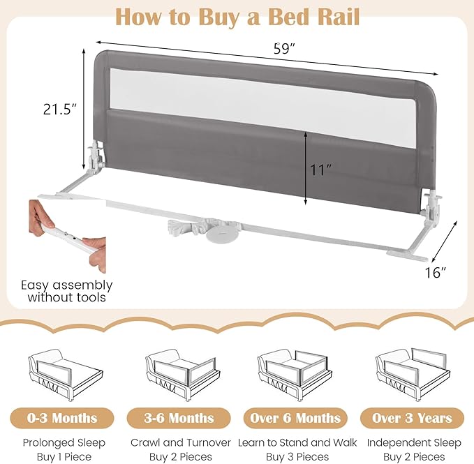 HONEY JOY Bed Rail for Toddlers, 59-in Extra Long, Portable Safety Bed Guardrail w/Double Safety Child Lock, Foldable Baby Bed Rail Guard, Fit King & Queen Full Twin Size Bed Mattress (2 Pack, Gray)
