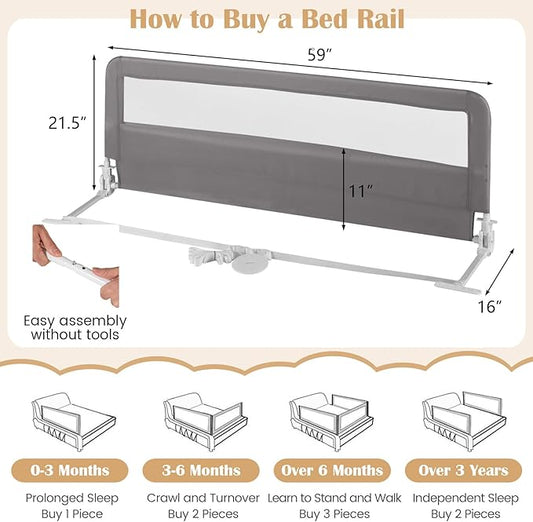 HONEY JOY Bed Rail for Toddlers, 59-in Extra Long, Portable Safety Bed Guardrail w/Double Safety Child Lock, Foldable Baby Bed Rail Guard, Fit King & Queen Full Twin Size Bed Mattress (2 Pack, Gray)