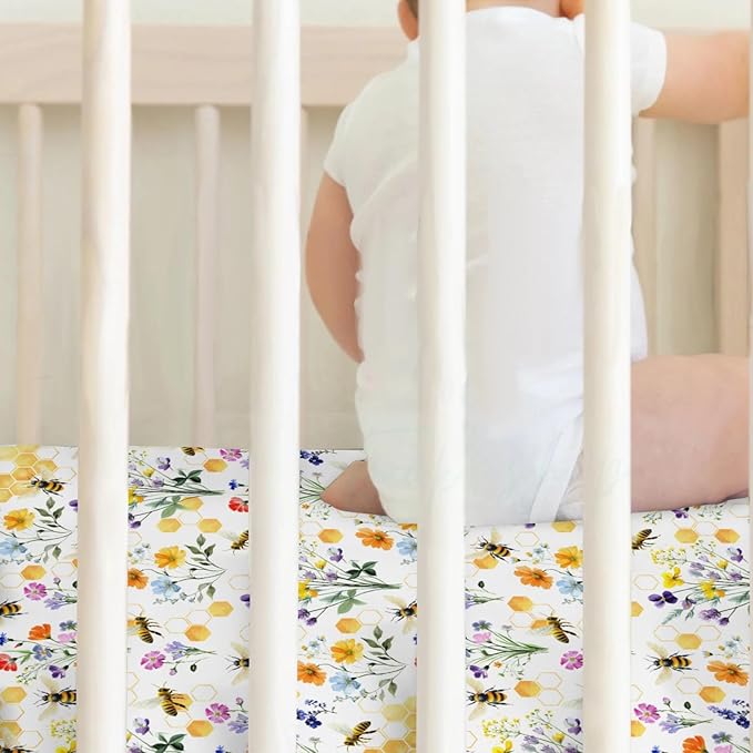 Boho Wildflower Bees Honeycomb Baby Crib Sheets for Boy Girl 52x28Inch Watercolor Honeybee Floral Soft Snug Fitted Crib Mattress Cover Summer Baby Sheet for Standard Crib & Toddler Mattress 2 Pack
