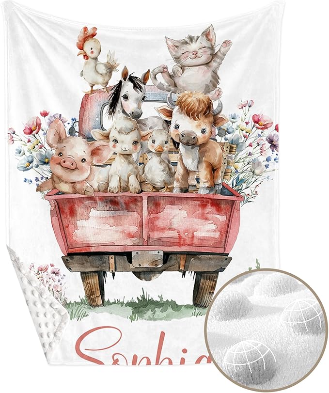 Personalized Baby Crib Bedding Set, Custom Name Animal Truck Theme Baby Bedding 2-Pcs Set-Soft Double Layer Dotted Blanket and Fitted Sheet, Nursery Bedding for Newborn Boys Girls, Perfect Shower Gift