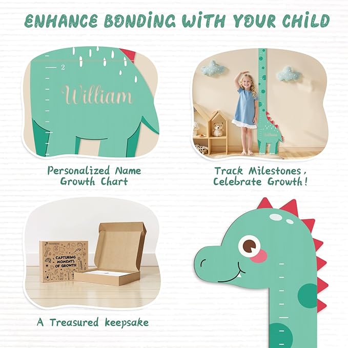 Woodemon Wooden Dinosaur Height Chart – Personalized Name Growth Chart for Kids, Wall Decor 63" x 17.4"