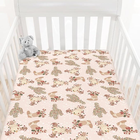 Boho Western Christmas Cowboy Baby Crib Sheets Pastel Western Cowboy Boots Cow Skull Cactus Candy Cane Fitted Crib Mattress Cover Wild West Desert Toddler Baby Sheet for Standard Crib 28x52in