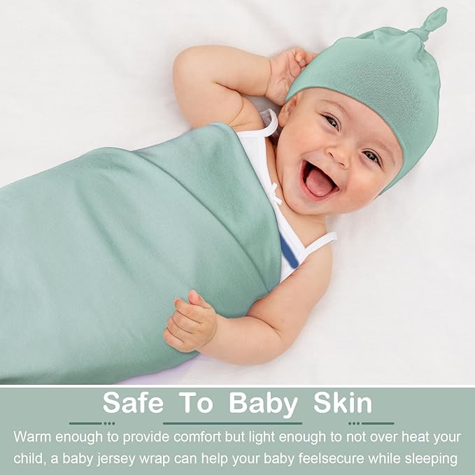 JaGely 2 Pcs Stretchy Baby Swaddle Blankets Set Extra Soft 47" x 47" Baby Newborn Swaddle Blanket and Hat(Green, Apricot)