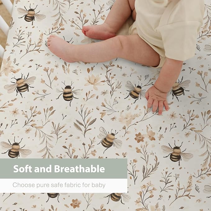 Vintage Bees Boho Flowers Baby Crib Sheets for Boy Girl 52x28Inch Retro Bees Floral Soft Stretchy Fitted Crib Mattress Cover Spring Summer Baby Sheet Fits Unisex Standard Bed and Toddler Mattress
