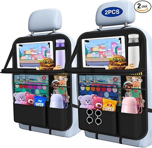 Oneyus Car Backseat Organizer with Table Tray(2-Pack) 9 Storage Pockets Backseat Car Organizer and storage with Tablet Holder, Kick Mats Back Seat Cover for Kids family Road Trip Essentials Travel