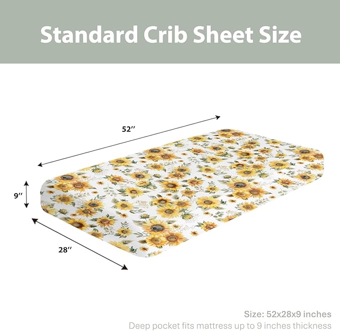 Yellow Sunflower Floral Baby Crib Sheets for Boy Girl 52"x28" Boho Sunflowers Leaves Soft Snug Fitted Crib Mattress Cover Summer Spring Garden Baby Sheet for Standard Crib and Toddler Bed Mattresses