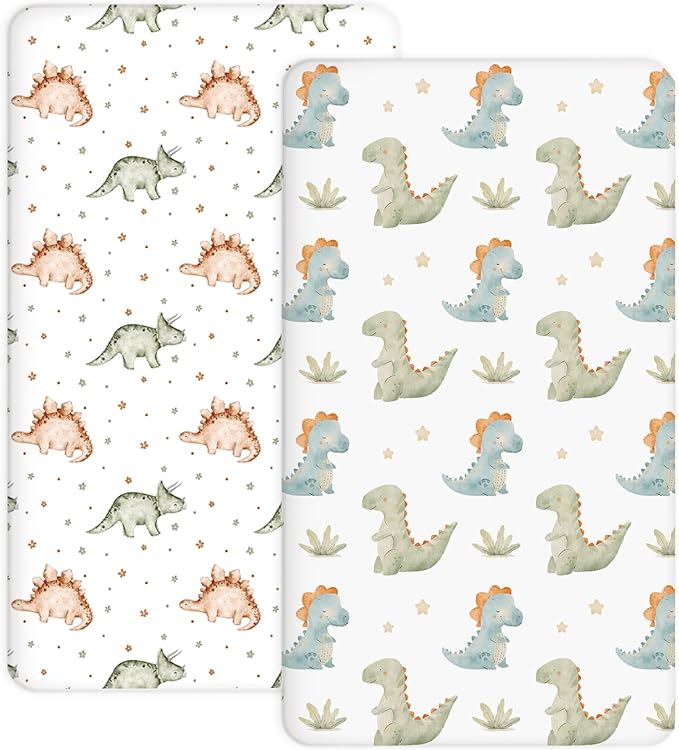 Pack and Play Sheets 2 Pack, Fitted Jersey Knit Mini Crib Sheets for Baby Boys and Girls, Compatible with Graco Pack N Play and Mini Crib Mattress (Tiny Dinos, Pack N Play/Mini Crib Sheets)