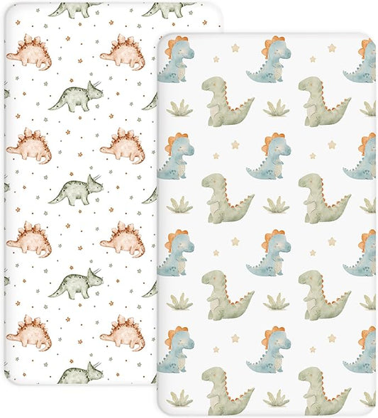 Pack and Play Sheets 2 Pack, Fitted Jersey Knit Mini Crib Sheets for Baby Boys and Girls, Compatible with Graco Pack N Play and Mini Crib Mattress (Tiny Dinos, Pack N Play/Mini Crib Sheets)