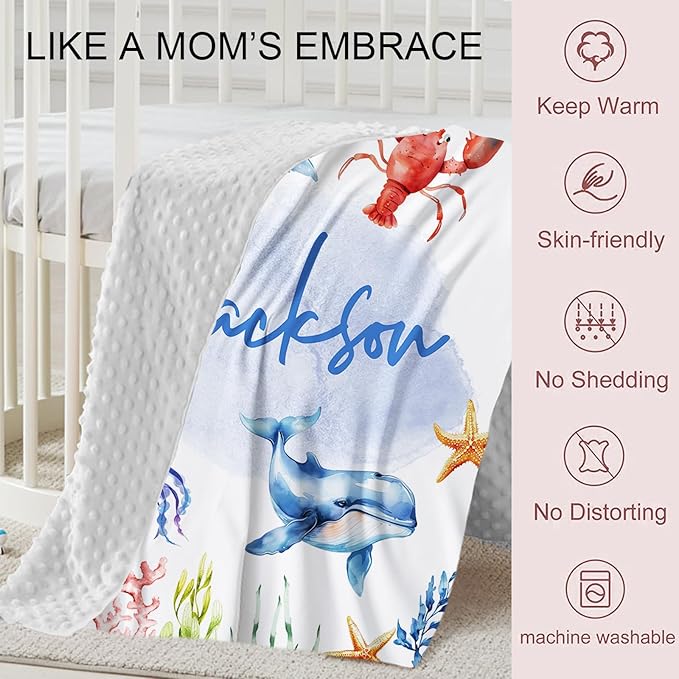 Personalized Baby Crib Bedding Set 2-Pcs, Custom Name Marine Animals Baby Bedding Set - Soft Double Layer Dotted Blanket and Fitted Sheet, Nursery Bedding for Newborn Boys Girls, Perfect Shower Gift