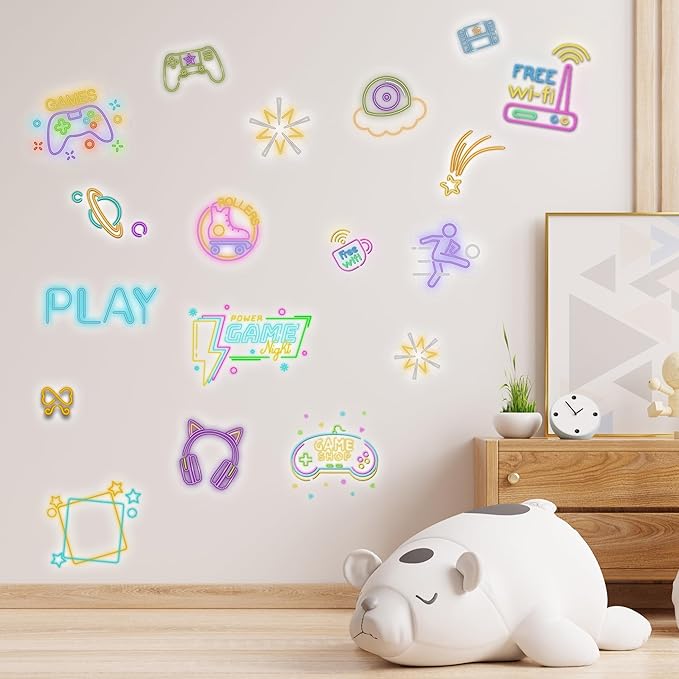 Neon Gaming Wall Stickers for Kids, Neon Gamer Wall Stickers for Children Room, Neon Video Game Character Removable Stickers for Baby Kids Nursery Girls Bedroom Living Room Playroom Wall Decoration