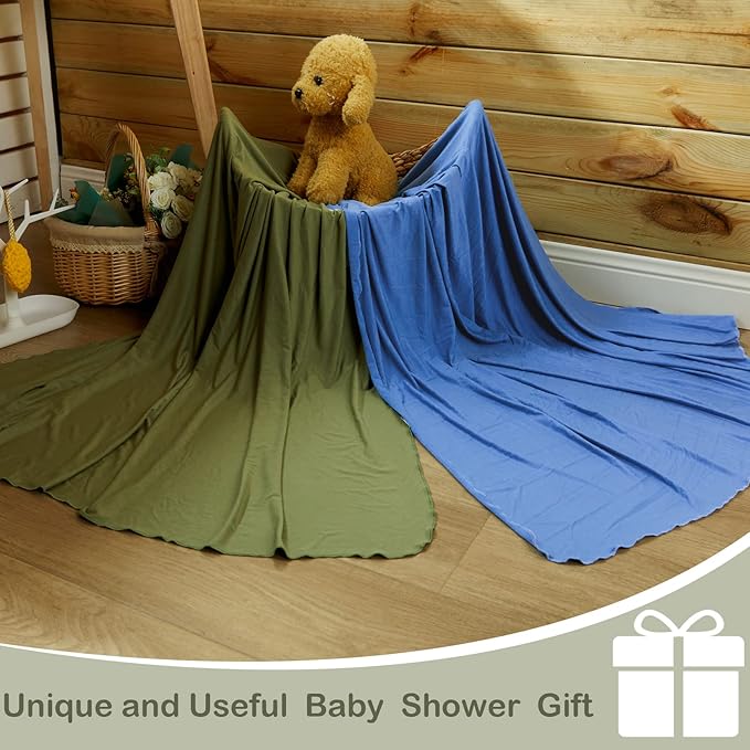 JaGely 2 Pcs Stretchy Baby Swaddle Blankets Set Extra Soft 47" x 47" Baby Newborn Swaddle Blanket and Hat(Blue, Army Green)