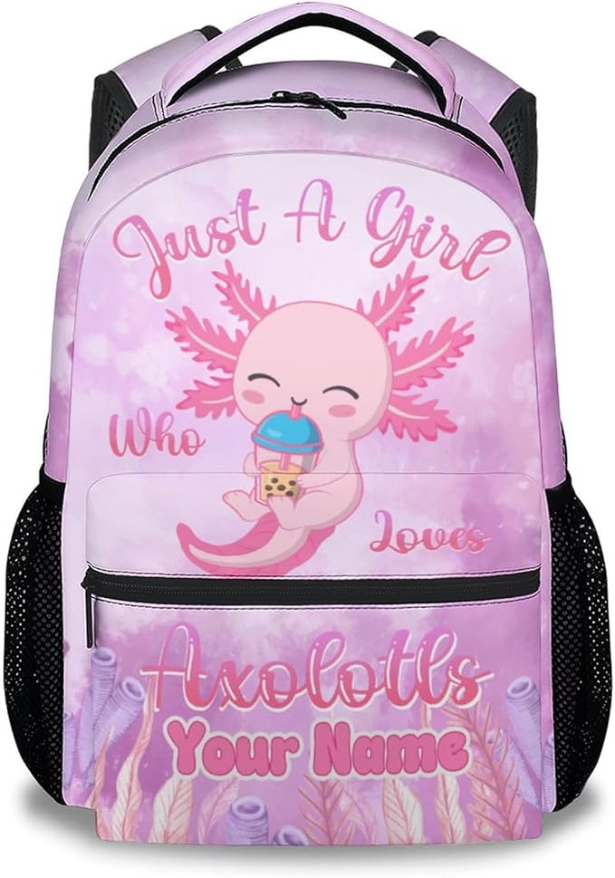 COZYAURA Custom Kids School Backpack - 17 Inch Cute Axolotl Bookbag for Girls - Durable Pink School Bag for Elementary & Travel