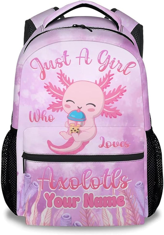 COZYAURA Custom Kids School Backpack - 17 Inch Cute Axolotl Bookbag for Girls - Durable Pink School Bag for Elementary & Travel