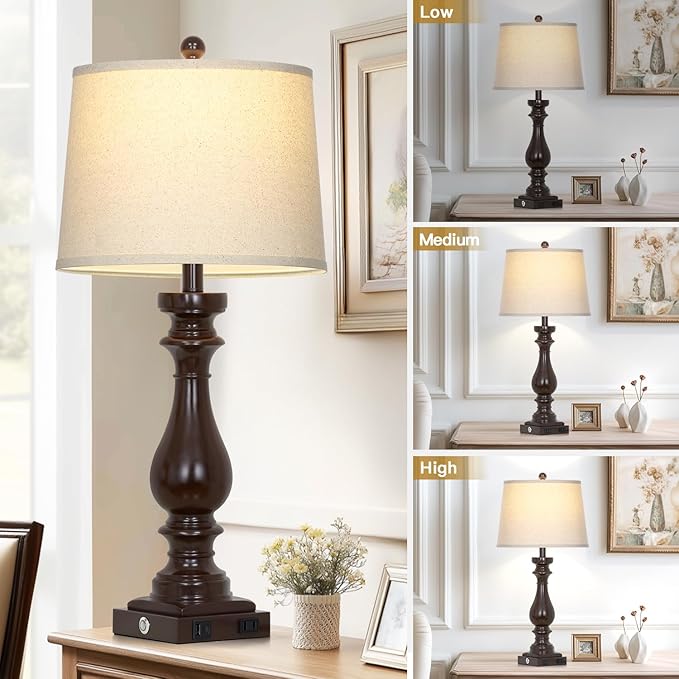 Cinkeda 29" Tall Farmhouse Table Lamp for Living Room Set of 2,Vintage Retro Nightstand Lamps with USB C+A Ports & AC Outlet,3-Way Dimmable Touch Bedside Lamp for Bedroom Side Table,Dark Brown