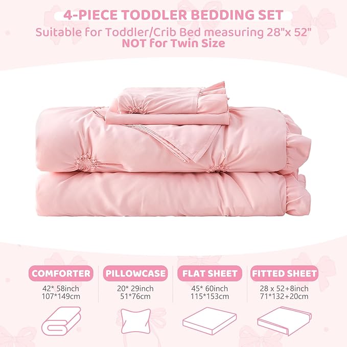 Wowelife Princess Toddler Bedding Set for Girls, Boho Toddler Bed Set, 4 Pieces Ruffles Jacquard Embroidery Toddler Girl Comforter with Comforter, Fitted Sheet, Flat Sheet and Pillowcase, Pink