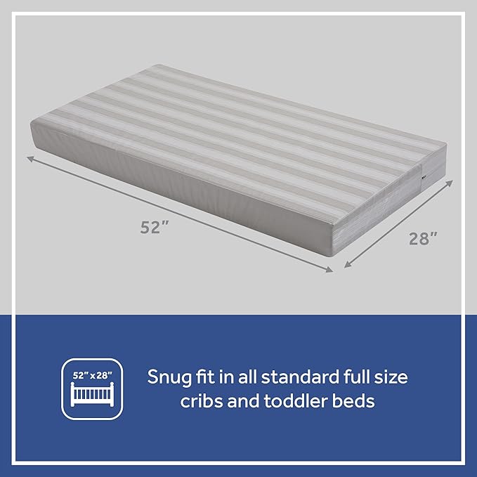 Sealy Baby Butterfly Crib Mattress plus Toddler Bed Fit, Premium American Foam, Washable Easy to Clean Zip Off Cover, GREENGUARD Gold Certified, Safety & Quality Tested, Made in USA, 52"X28" - Stripes