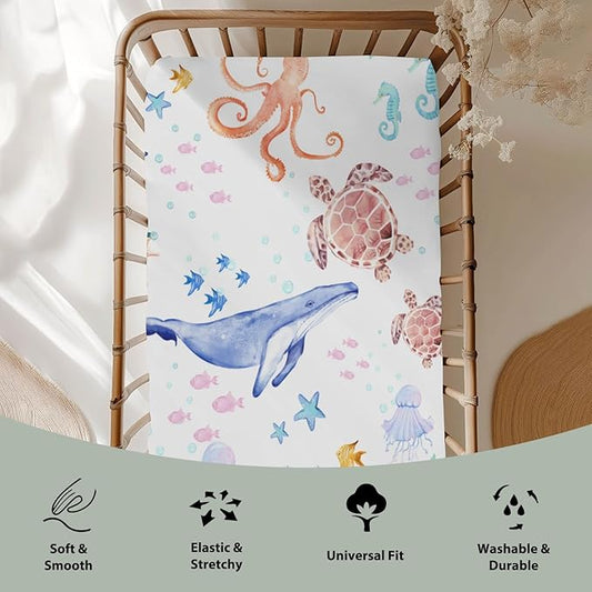 Colorful Ocean Animals Baby Crib Sheets for Boy Girl 52x28 Whale Turtle Jellyfish Sea Horse Corals Soft Snug Fitted Crib Mattress Cover Marine Animals Baby Sheet for Standard Crib & Toddler Mattress