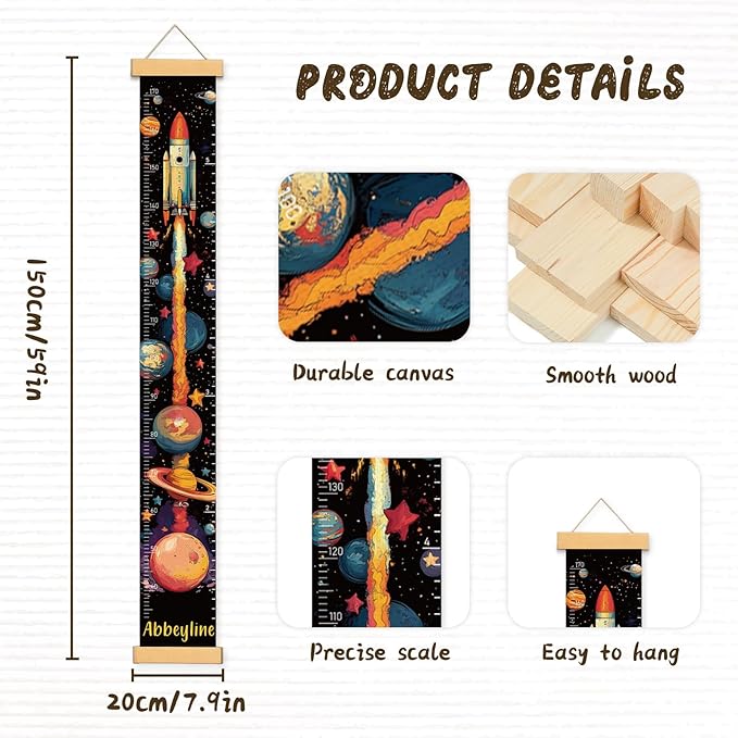 Woodemon Personalized Name Kids Growth Chart for Wall, Rocket Premium Canvas Removable Height Chart for Kids, Height Measurement for Wall, Height Chart for Kids & Babies, Kids Nursery Decor