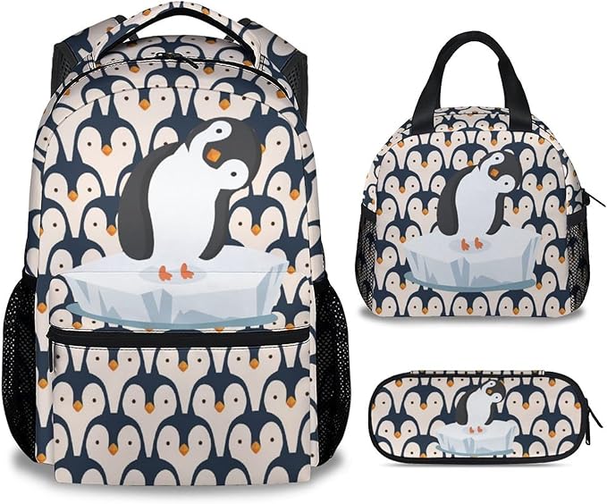 COOPASIA Penguin Backpack with Lunch Box and Pencil Case, 16 Inch Penguin Theme Bookbag with Adjustable Straps, Durable, Lightweight, Large Capacity, School Backpack for Girls Women