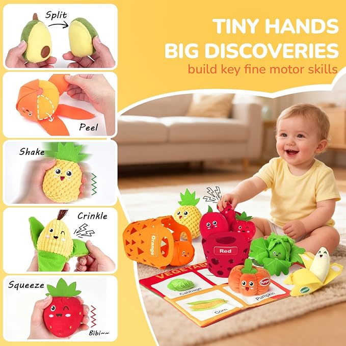 Baby Sensory Toys - Plush Color Sorting Fruit Veggie Baby Toys 6-12 Months, Pretend Play Food with Rattle Crinkle for Toddlers 1-3, Montessori Toys for 1 Year Old Boys Girls Birthday