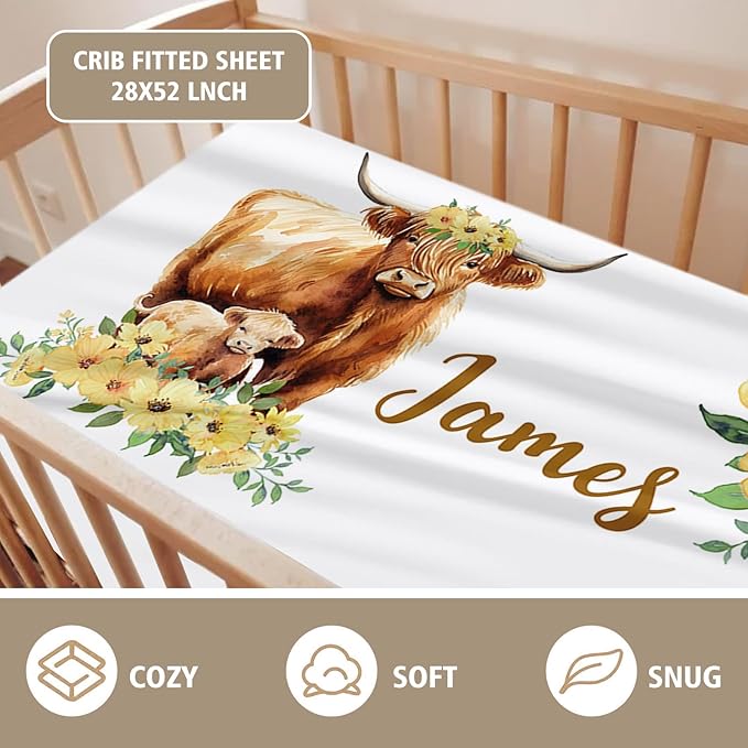 Personalized Crib Bedding Set for Girls, Custom Baby Crib Sets with Name, Yellow Flower Highland Cow Design Nursery Bedding 2 Piece - Soft Blanket with Double Layer Dotted Backing, Crib Fitted Sheet